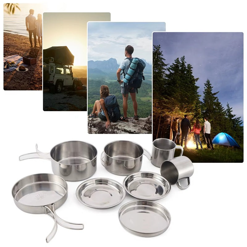 Stainless Steel Camping Cookware: 8pcs Kit for Hiking & Backpacking