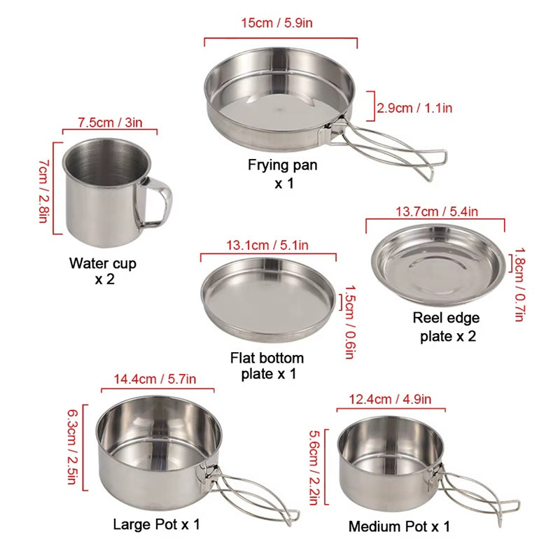 Stainless Steel Camping Cookware: 8pcs Kit for Hiking & Backpacking